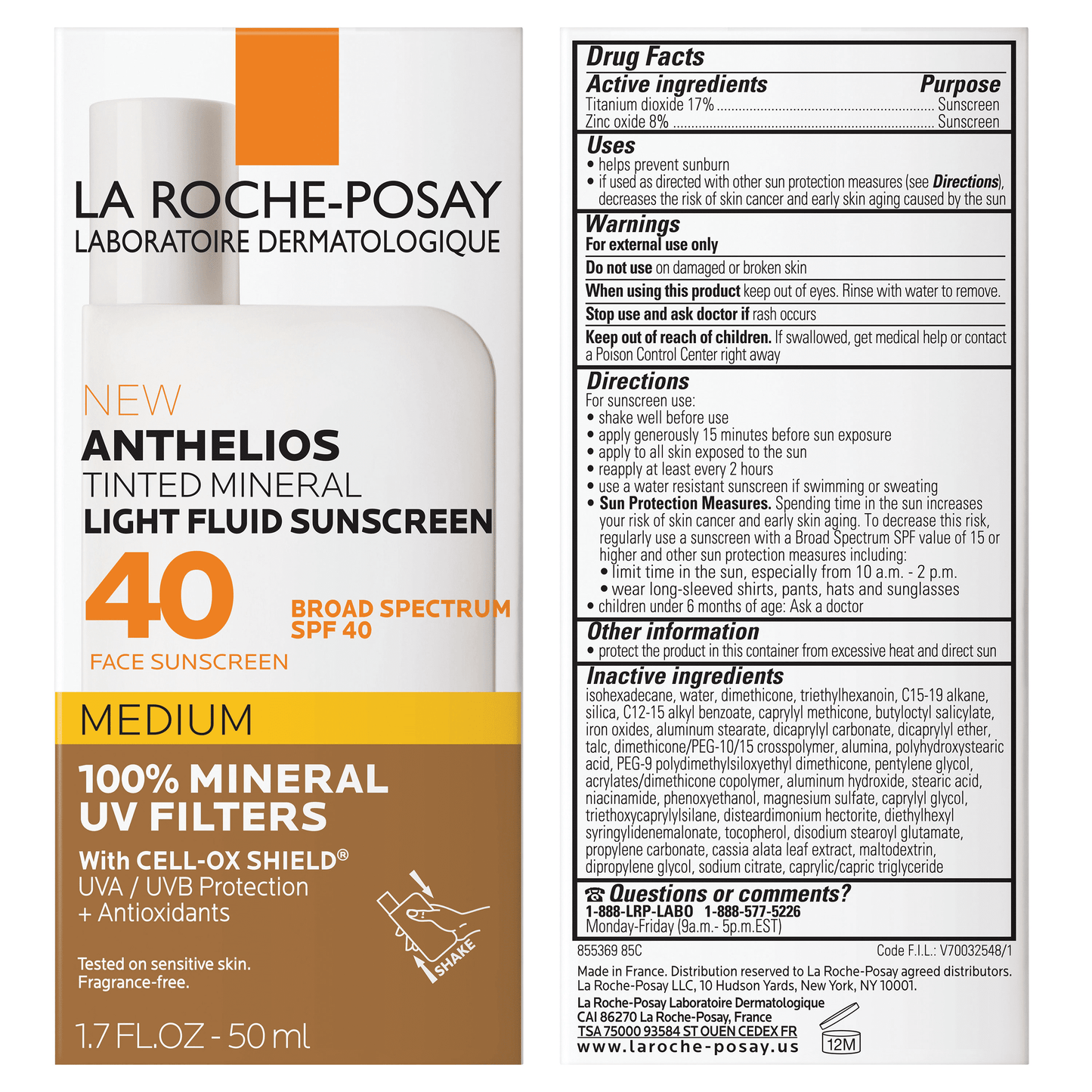 Anthelios Tinted Mineral SPF 40 Light Fluid Sunscreen Medium, 1.7 Fl Oz