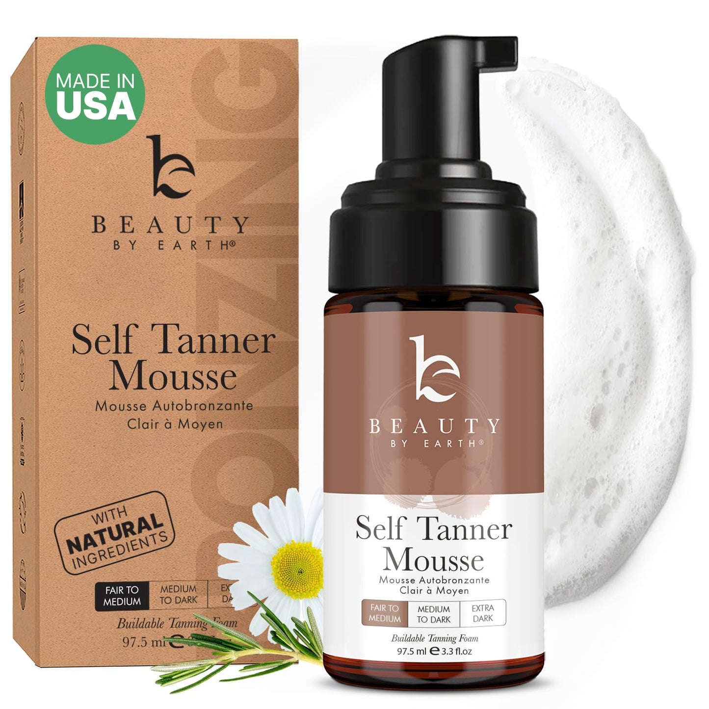 Achieve a Flawless Tan with Our USA-Made Self Tanner Mousse – Natural & Organic Formula for a Streak-Free, Sunless Glow Without the Orange!