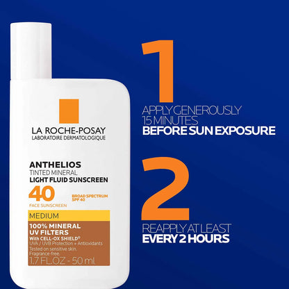 Anthelios Tinted Mineral SPF 40 Light Fluid Sunscreen Medium, 1.7 Fl Oz