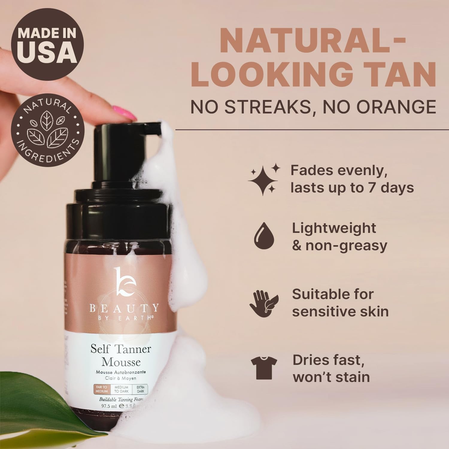 Achieve a Flawless Tan with Our USA-Made Self Tanner Mousse – Natural & Organic Formula for a Streak-Free, Sunless Glow Without the Orange!